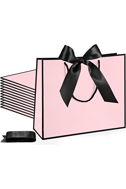 Tazweeq أكياس هدايا كبيرة منقوشة مع أقواس شريطية (30×10×25 سم) باللون الوردي،...