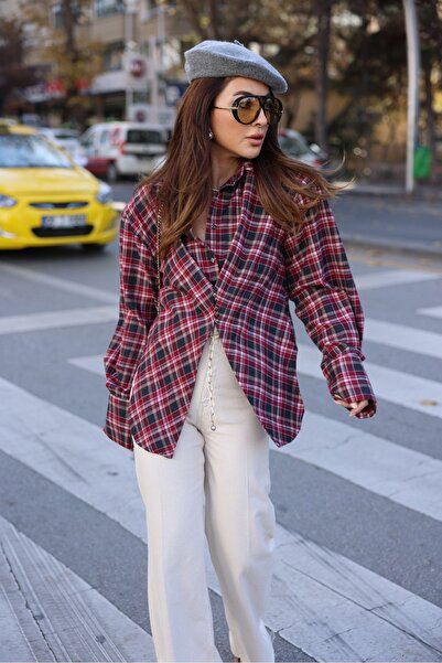 Özge Özgenç Asymmetrical Cut Plaid Shirt with Shoulder Pad Shoulder Detail