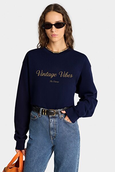 The Champ Clothing Γυναικείο φούτερ oversized Vintage Vibes με τύπωμα Navy Blue – Crew Neck, 3 Thread Ş επένδυση fleece Fleece