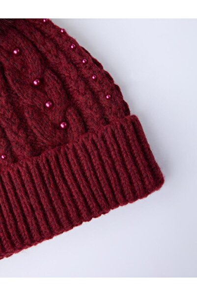 Jimmy Key Red Hair Braided Patterned Beaded Pompon Detailed Beanie