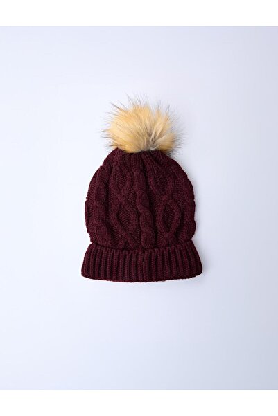 Jimmy Key Burgundy Hair Braid Patterned Pompon Detailed Beanie