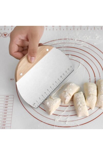 ZUZU MADE Bambu Oval Tutacaklı Ölçülü Çelik Büyük Boy Hamur Kesici Spatula Öl...
