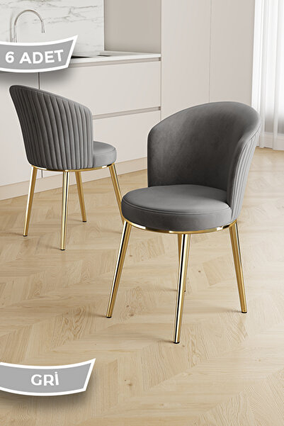 Canisa Risa Serisi 6 Adet Gri Mutfak Sandalyesi Gold Kaplama Metal Ayak 1. Sı...