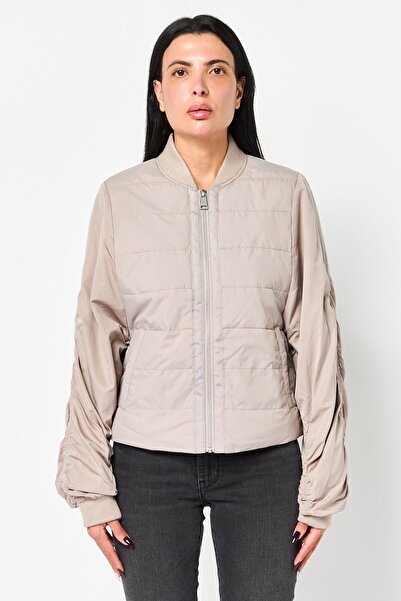 Andrew Marc Women Solid Bomber Jacket, Dark Beige