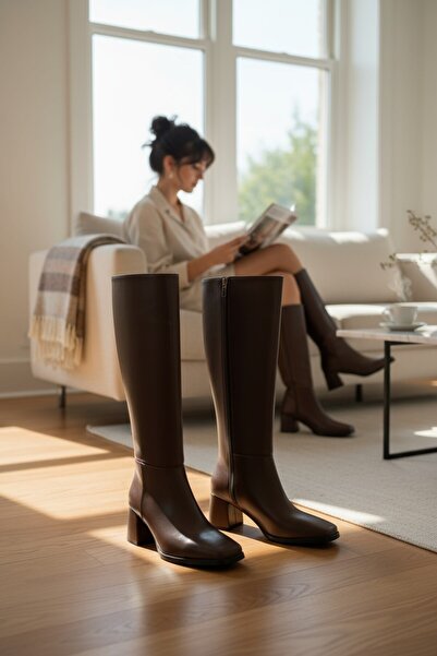 VeliKundura Brown Long Zippered Square Toe Thin Sole Women's Boots