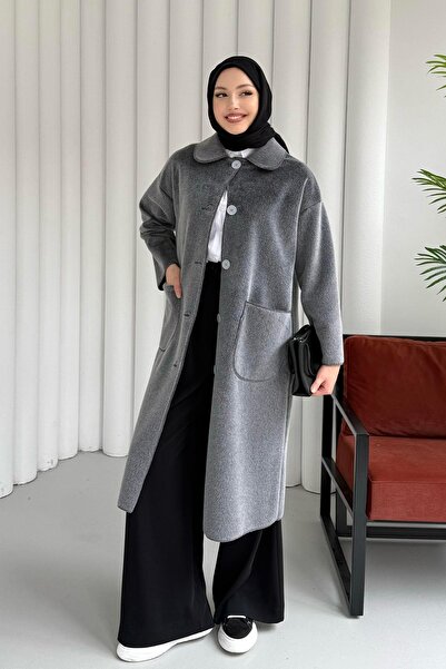 Modaensarbutik Torba Cepli Bebe Yaka Oversize Kaban-GRİ