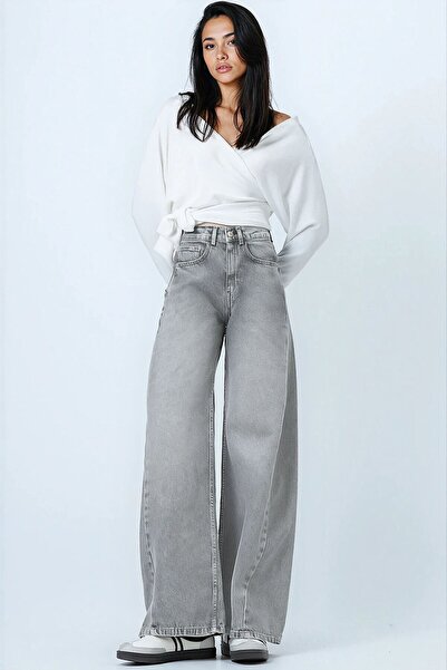 VAGGON Women's Light Gray High Waist 5 Pocket Baggy Jeans Vs01450