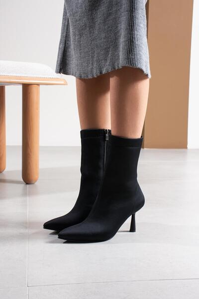 FSKOMBİN Lenka Scuba Fabric Black Women's Thin Heeled Boots