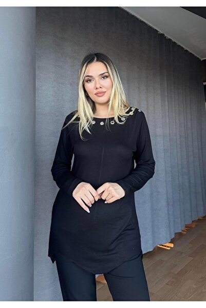 Genel Markalar KUŞGÖZLÜ KAYIK YAKA TUNİK ÇİLEK TRİKO-SİYAH