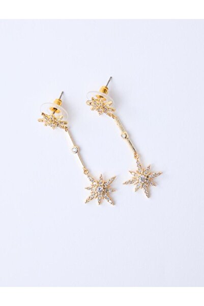 Jimmy Key Gold Color Shiny Stone Detailed Star Figured Swinging Earrings