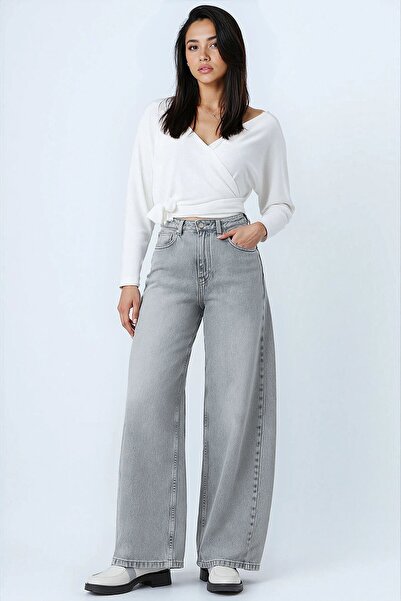 VAGGON Women's Light Gray High Waist 5 Pocket Baggy Jeans Vs01450