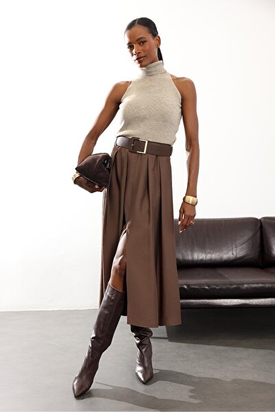 5in1Canpolat Brown Belted Midi Skirt