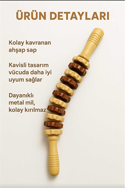 WoodBay Ahşap 11 Tekerlekli Kavisli Merdane Sırt Bel Bacak Selülit Karşıtı Ah...