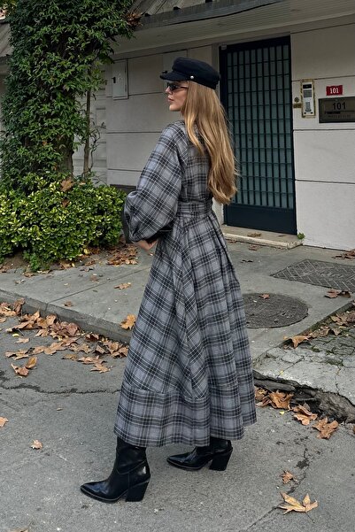 Laluvia Gray Plaid Belted Long Dress - 1235