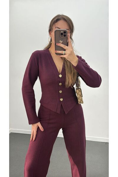Narferita Freya Gold Düğmeli Hırka Ve Triko Pantolon Takım