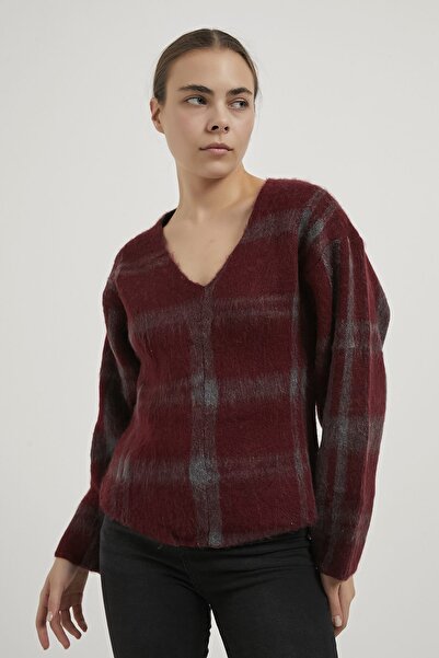 Arma Life Armalife 4796 V-Neck Plaid Casual Knitwear Women's Sweater