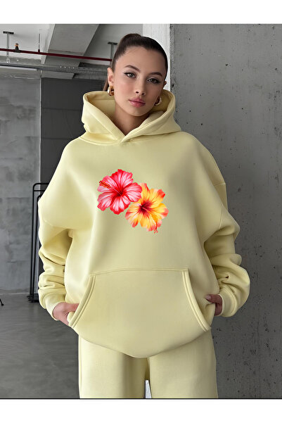 vikitekno Women's Hooded Marshmallow Flower Printed Oversized Sweatshirt Yellow