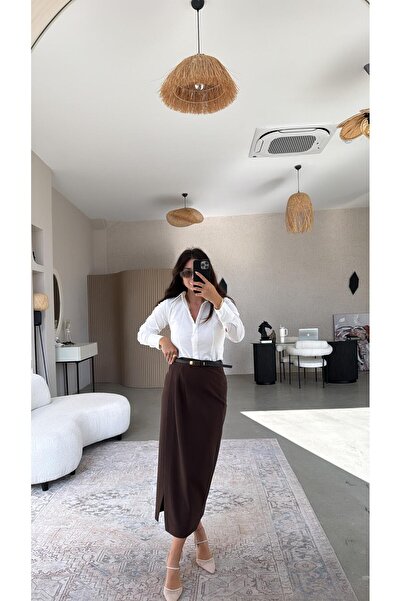 Buket Teke Коричнева спідниця з поясом з тканини крувазе