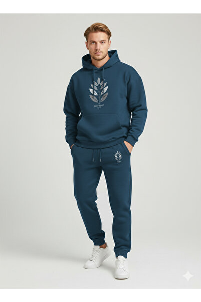 NİCE Three Thread Compact Hooded Cotton Inside Leaf B Printed Premium O Oversized Tracksuit Set