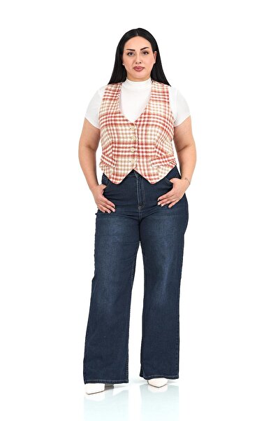 DISENTIS MODEST Plus Size Button Closure Pocket Flap Lined Short Checkered Tile Vest