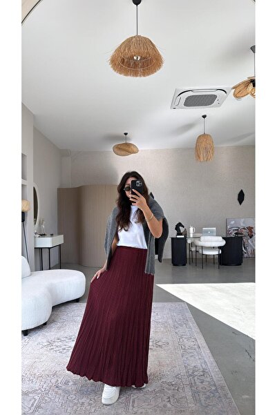 Buket Teke Burgundy Double Layer Wrinkled Fabric Maxi Skirt