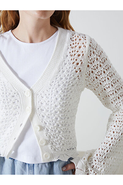 LC Waikiki Damen-Strickjacke mit langen Ärmeln und V-Ausschnitt – durchbrochenes Design