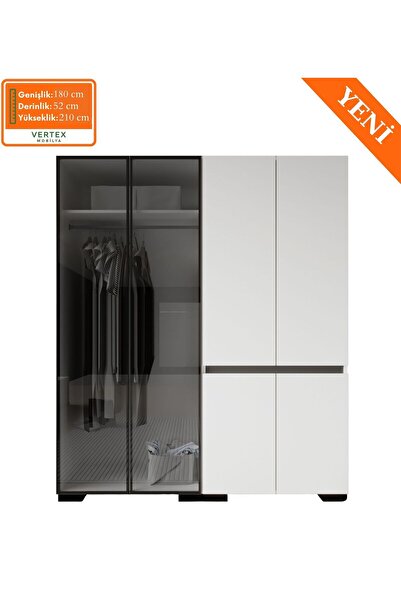 VM VERTEX MOBİLYA Floransa Alüminyum Cam Kapak-Düz Kapak 4 Kapılı Beyaz Antrasit Çok Raflı Gardır