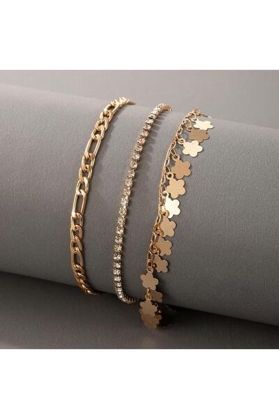 Pursehuit Set of 3 anklets, gold-colored, with stars and stones, Gardy C1