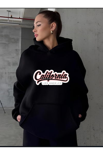 vikitekno سترة نسائية بغطاء رأس كاليفورنيا مطبوع قصة فضفاضة باللون الأسود