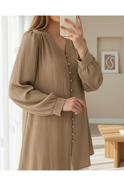 MissRunin Top Düğmeli V Yaka Krinkıl Gömlek