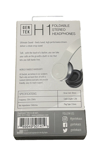 Gentek H1 Foldable Stereo Headphones White/Silver Built-In Mic 3.5mm Jack NEW