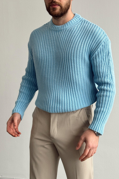 Tarz Cool Men's Blue Corded Fabric Knitted Regular Sweater