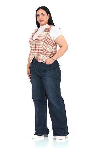 DISENTIS MODEST Plus Size Button Closure Pocket Flap Lined Short Checkered Tile Vest