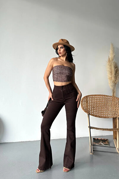 Coşkun GİYİM Women's Pensli Flared Jeans Trousers Brown 7021-78