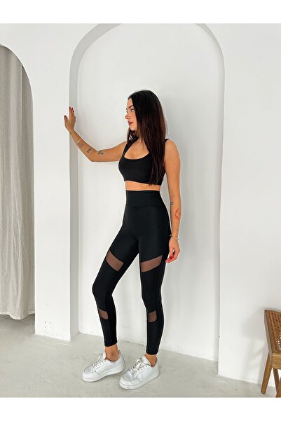 b buhari bykoc Black Tulle Detail High Waist Flexible Sports Tights