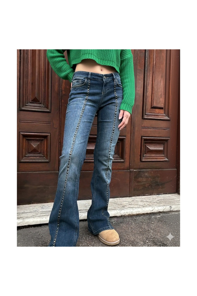 Mokşa Flare Cut Sequin Studded Low Waist Denim Jean