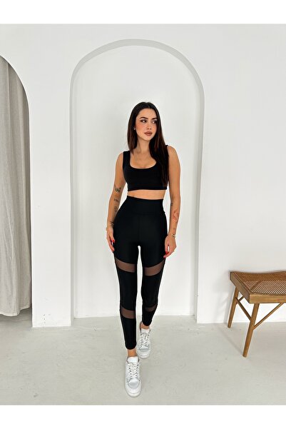 b buhari bykoc Black Tulle Detail High Waist Flexible Sports Tights