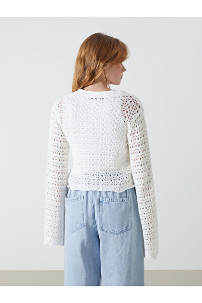 LC Waikiki Damen-Strickjacke mit langen Ärmeln und V-Ausschnitt – durchbrochenes Design