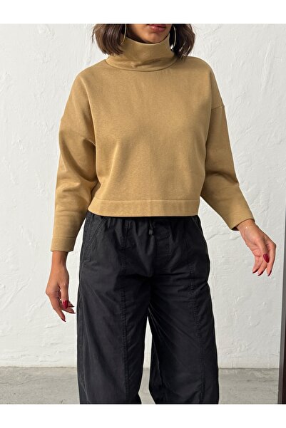 MELA ROSSA Women's Beige Mock Neck Batwing Sleeve 3 Thread Short Sweat Blouse