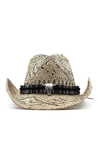 Pursehuit Women's hat, beige, summer, made of straw, cowboy style, Angela