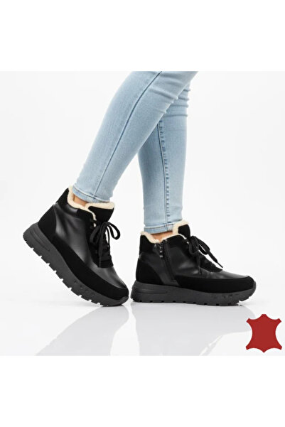 kevali Short black fur-lined boots in leather with thick sole F002-475