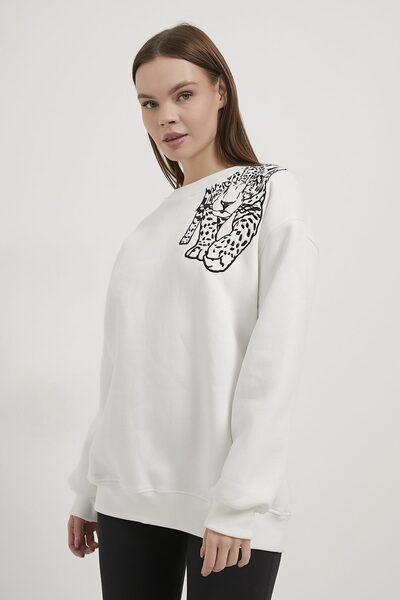 Arma Life Armalife 10615 Shoulder Leopard Printed Bis Collar Women's Sweat