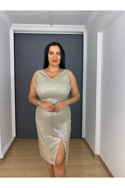 gökkuşagı moda Bej Büyük Beden Payet Kısa V Yaka Kalın Askılı Likralı Abiye E...
