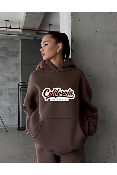 vikitekno سترة نسائية بغطاء رأس كاليفورنيا مطبوع قصة فضفاضة باللون البني