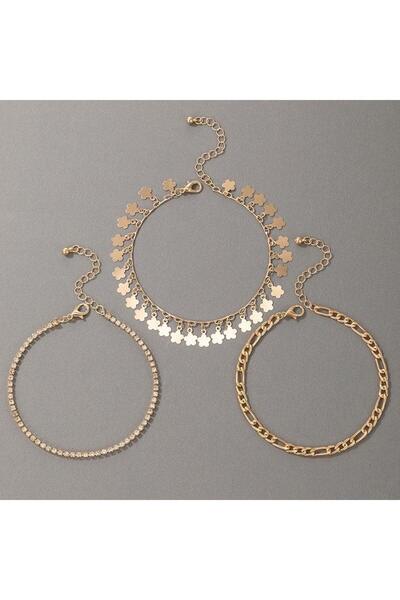 Pursehuit Set of 3 anklets, gold-colored, with stars and stones, Gardy C1