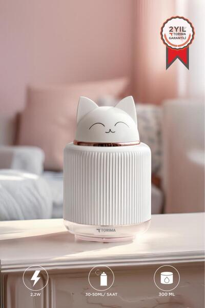 Torima Hava Nemlendiricisi Buhar Makinesi Gece Lambalı Kedi Figürlü 300 ML H8 Beyaz