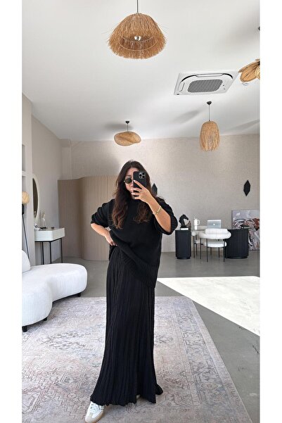 Buket Teke Black Double Layer Wrinkled Fabric Maxi Skirt