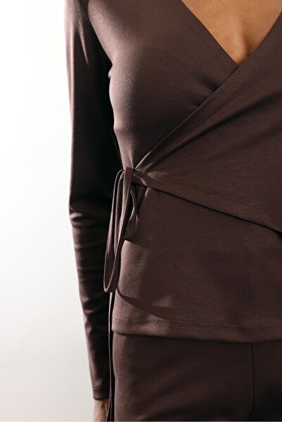 5in1Canpolat Brown Double-Breasted Top Modal Set 251040