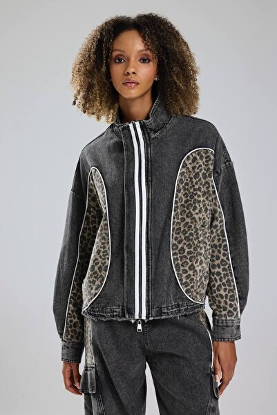 tw3 Women's Leopard Printed between Piped Detailed Design Denim Jacket