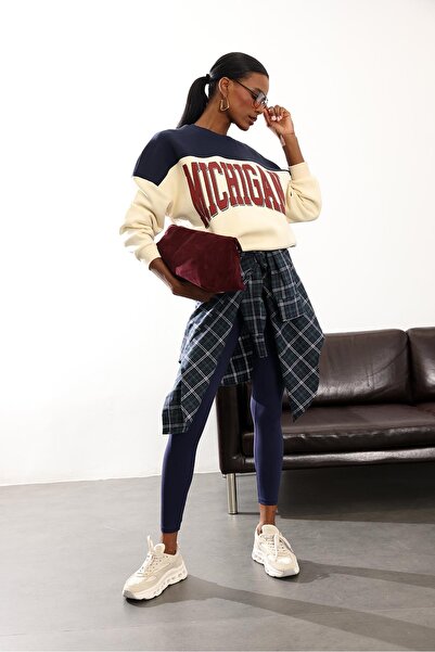 5in1Canpolat Beige Three Color Gradient Fleece-Lined Sweatshirt 01194